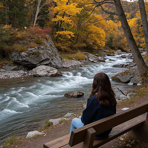 Photograph of a woman with long brown hair, seated on a wooden bench, overlooking a rushing stream surrounded by autumn-colored trees.