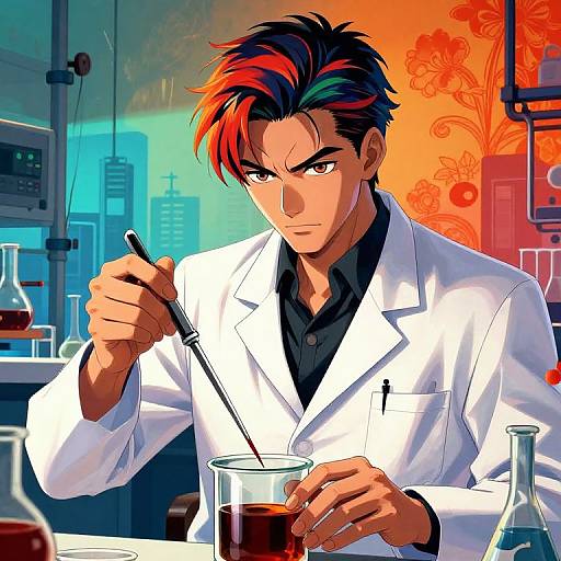 Digital anime-style drawing of a serious, dark-haired man with red streaks, wearing a white lab coat, mixing a dark liquid in a glass be