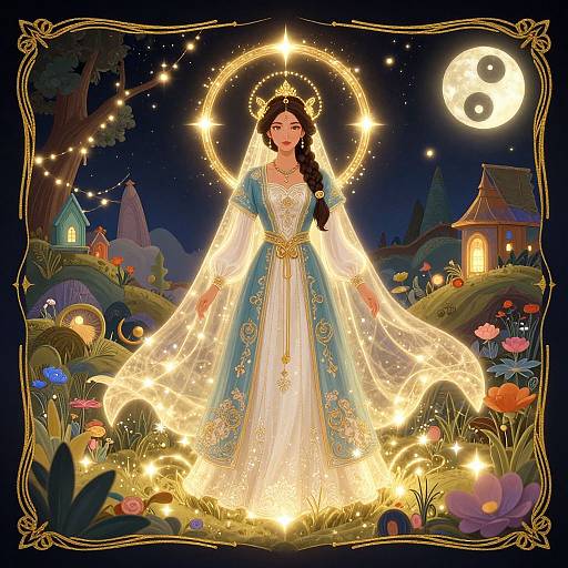 Digital illustration of a glowing, ethereal woman in a white and blue gown with a golden halo, surrounded by magical flowers and a full moon, under