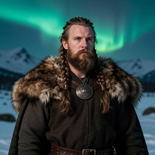 Photograph of a bearded man with long braided hair, wearing a fur-trimmed black coat, standing in a snowy landscape with green Northern