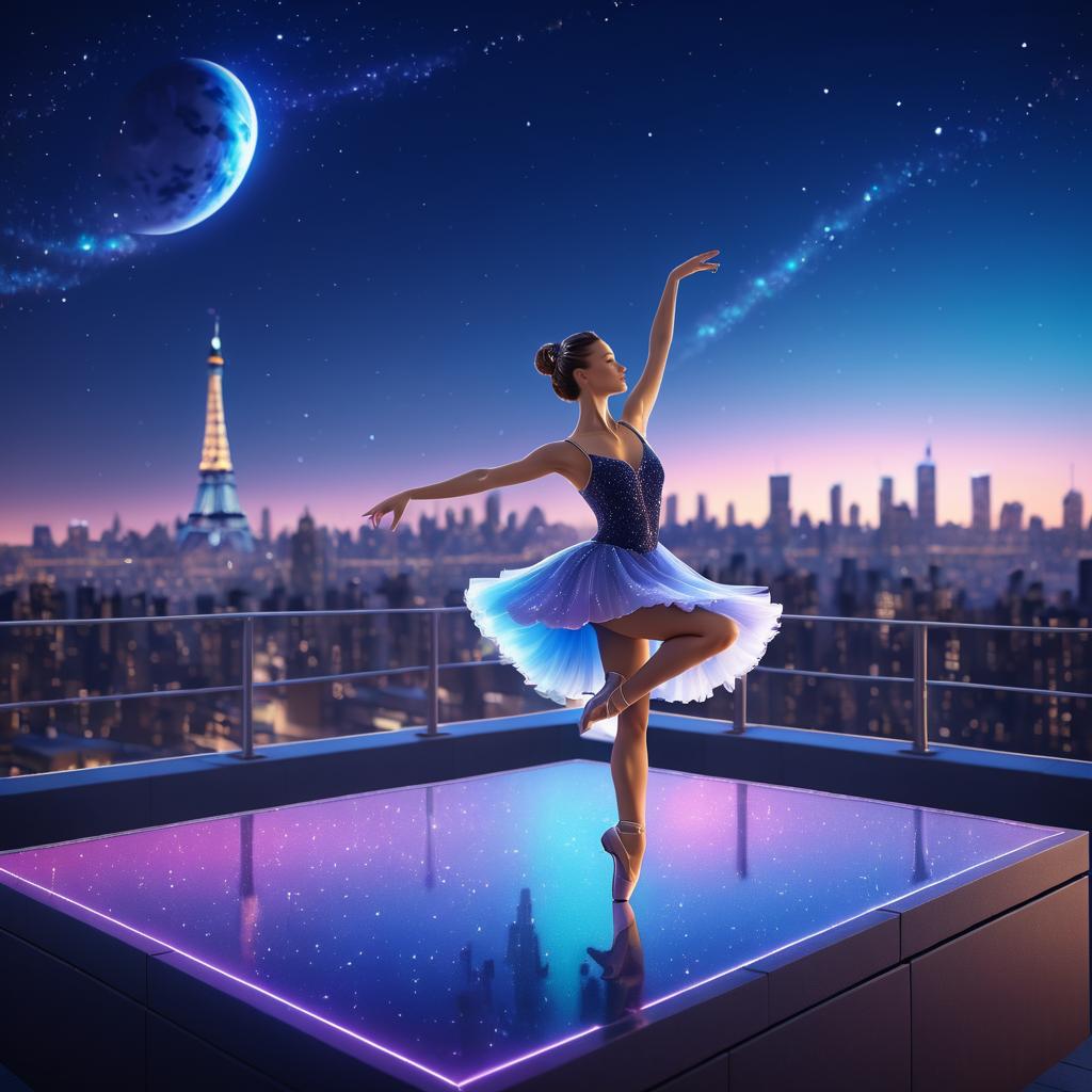 Elegant Ballerina on City Rooftop at Night