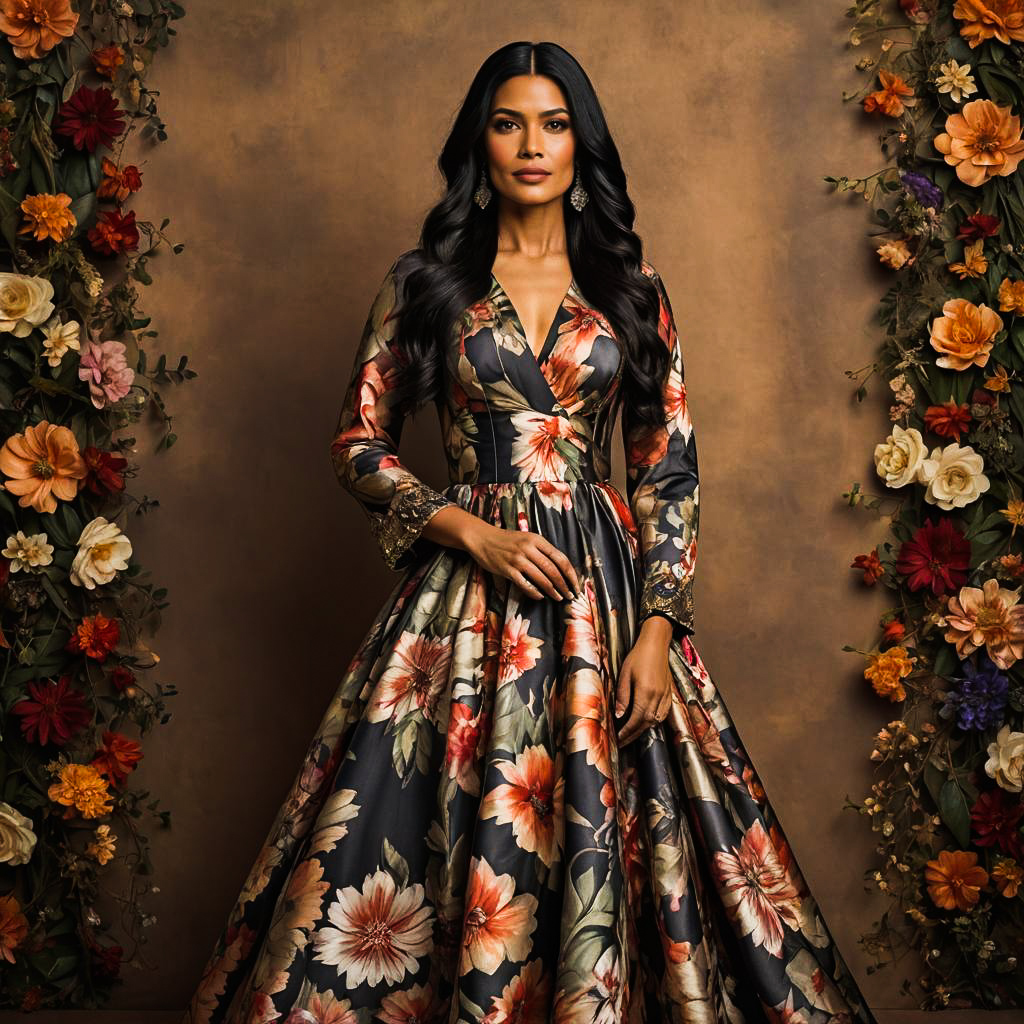 Elegant Indigenous American Woman in Floral Gown