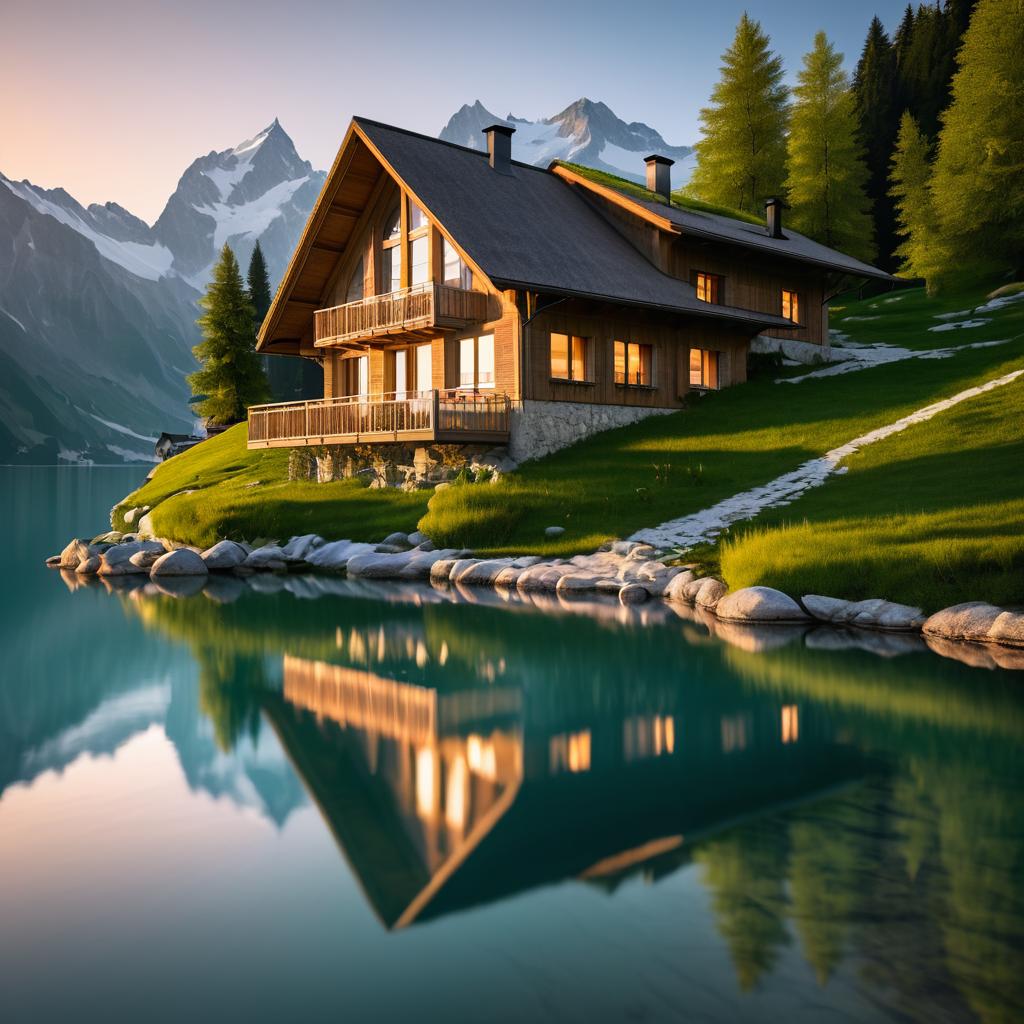 Serene Swiss Alpine Cabin at Sunset