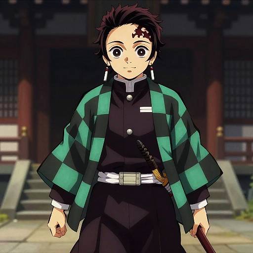 Digital anime drawing of a young woman with black hair, green and black checkered jacket, black uniform, holding a sword, standing in front of a