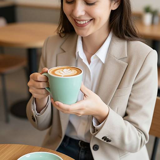 Photograph of a smiling woman with long brown hair, wearing a beige blazer over a white shirt, holding a turquoise cup of cappuccino