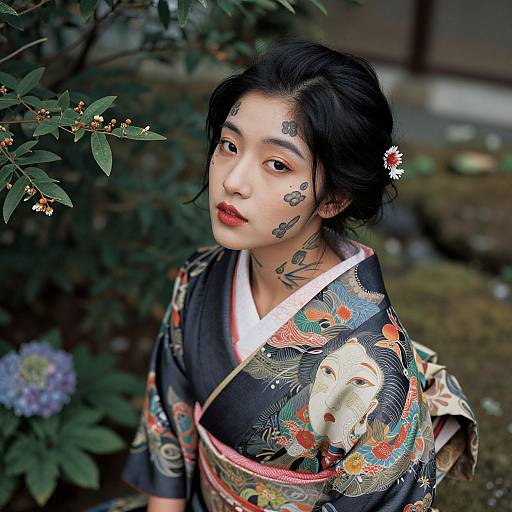 Photograph of an Asian woman with black hair, wearing a detailed, colorful kimono adorned with floral and animal patterns, with traditional face paint, standing