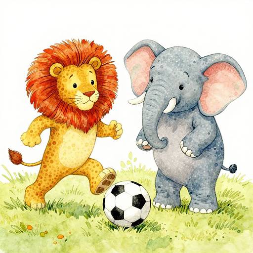Colorful illustration of a smiling lion with a red mane and a gray-spotted elephant playing with a soccer ball on grass.