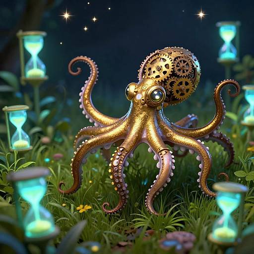 Digital artwork of a golden, gear-adorned octopus with shiny eyes, surrounded by glowing lanterns in a dark, starry forest.