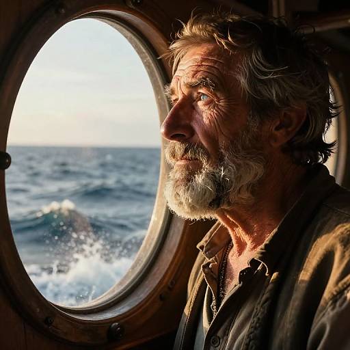 Photograph of a weathered, bearded man with gray hair gazing out of a ship's circular window at a sunlit, choppy sea
