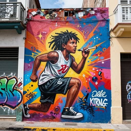 Colorful Urban Mural of Running Boy with Recorder