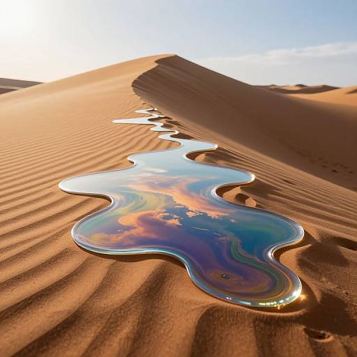 Photograph of a reflective, iridescent water pool in rippled sand dunes at sunset, with golden light and clear sky.