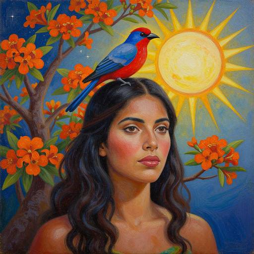 Digital painting of a dark-haired woman with olive skin, wearing orange flowers, a vibrant red and blue bird on her head, and a radiant yellow sun