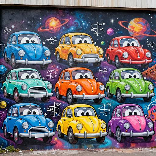 Vibrant digital mural of nine cartoon VW Beetles with wide eyes, floating in a cosmic background with planets and stars.
