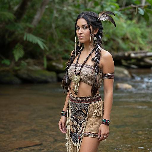 Photograph of a young woman with long braided hair, wearing a beaded tribal outfit with feather and jewelry, standing in a lush, forested