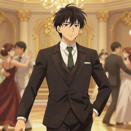 Elegant Anime Boy in Ballroom