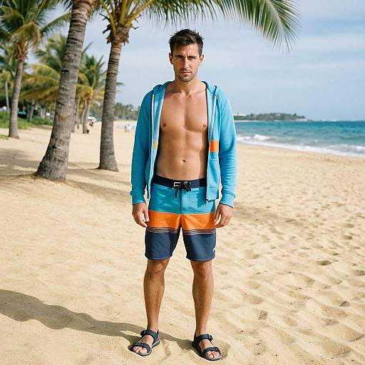Photograph of a muscular, tan-skinned man with short brown hair, wearing an open blue hoodie, orange and blue swim trunks, and black