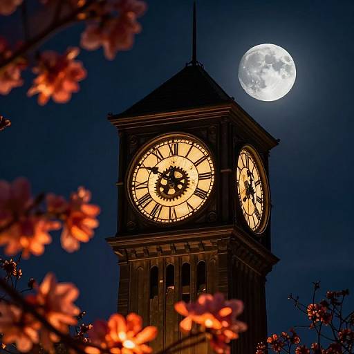 Photograph of a illuminated clock tower against a moonlit night sky, with blurred cherry blossoms in the foreground.