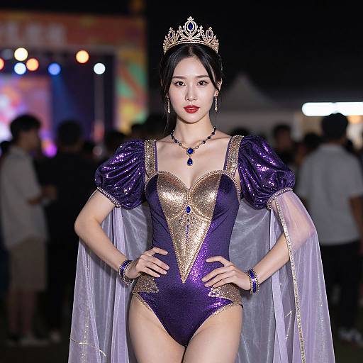 Asian woman in a purple and gold sequin princess costume with puffed sleeves, tiara, and veil, confidently posing on a runway.