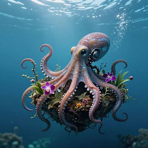 Digital artwork of a pink and white octopus with curled tentacles, surrounded by colorful flowers and seaweed, floating underwater.