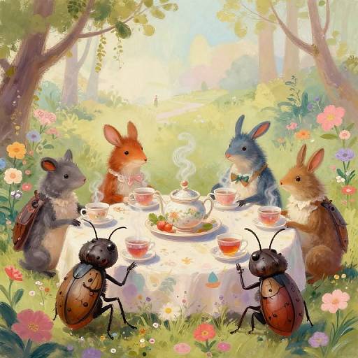 Whimsical digital painting of anthropomorphic rabbits and ants having tea in a sunlit forest, with colorful flowers and a white tablecloth.