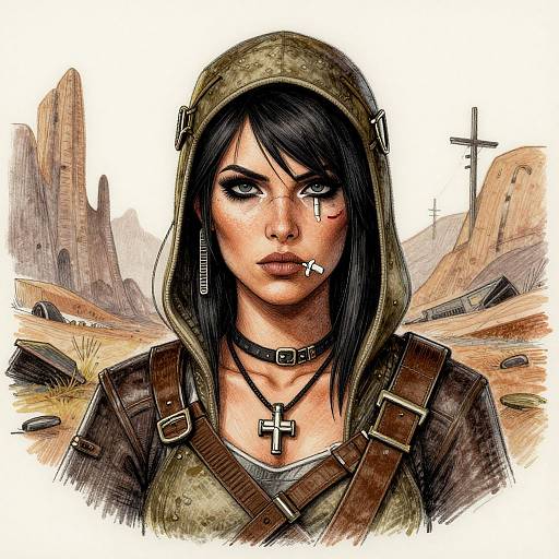 Digital drawing of a black-haired woman with dark eyeliner, scars, and a cross necklace, wearing a hooded green jacket in a barren, rocky