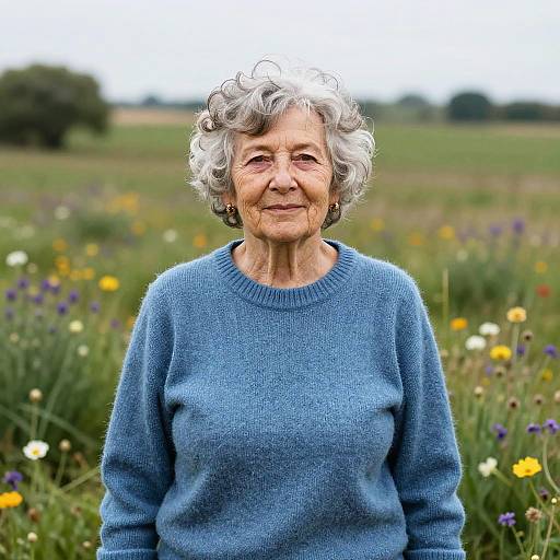 Photograph of an elderly woman with curly gray hair, wearing a blue sweater, standing in a colorful wildflower field.