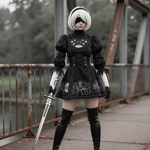 Cosplayer as 2B from NieR: Automata on Rusty Bridge