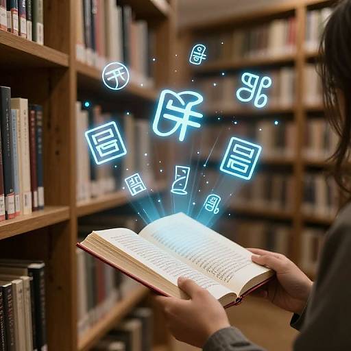 Photograph of hands holding an open book in a library, with glowing cyber symbols (¥, 8, etc.) floating above.