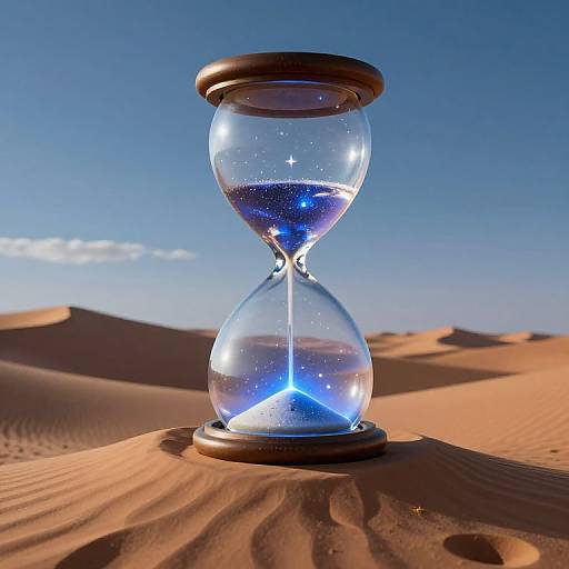 Photograph of a glowing blue hourglass on a sandy desert, with rippled sand and clear blue sky in the background.