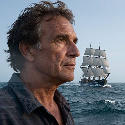 Photograph of a middle-aged man with tousled brown hair, serious expression, wearing a dark shirt, looking at a sailing ship on the ocean under