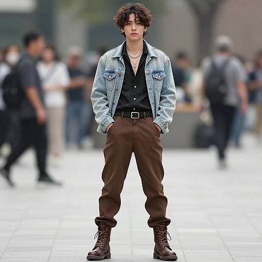 Photograph of a young man with curly hair, wearing a light blue denim jacket, black shirt, brown pants, and brown boots, standing confidently in