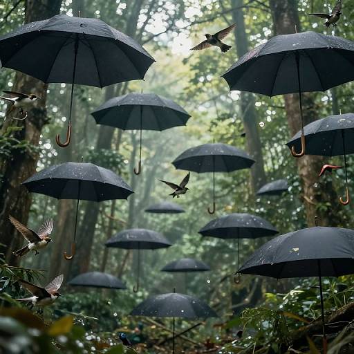 Floating Umbrella Forest with Wingless Birds