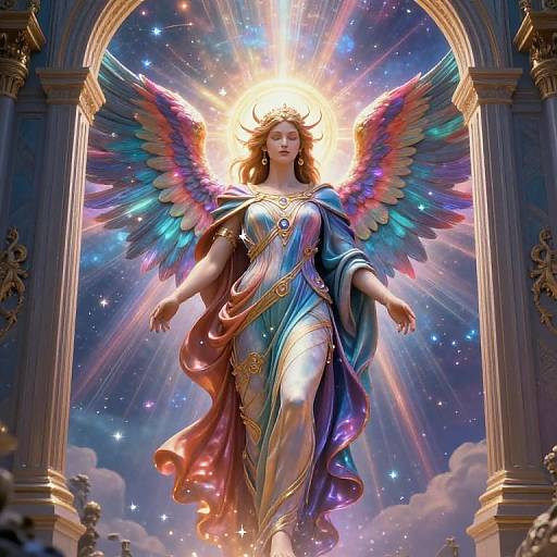 Digital art of a radiant angelic woman with multicolored wings, crowned with light, wearing a blue and gold dress, standing in a glowing arch