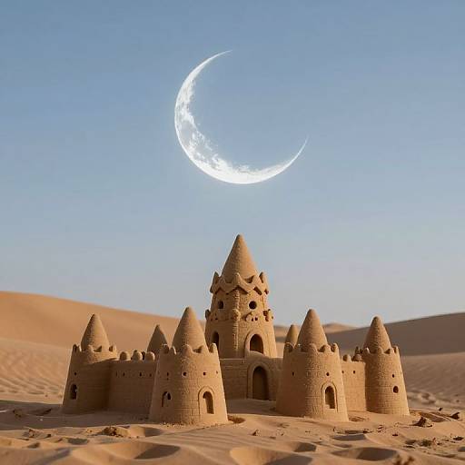 Photograph of a sandcastle with conical towers in a desert under a crescent moon in a clear blue sky.