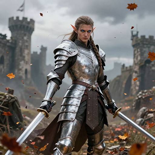 Epic fantasy photograph of a fierce, armored elven warrior with pointed ears, dual swords, and intense gaze, standing amidst autumn leaves and medieval cast