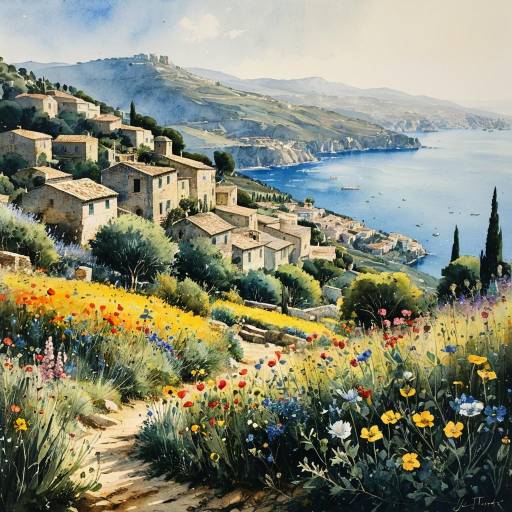 Mediterranean Hilltop Village Watercolor