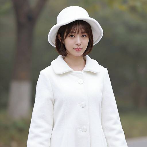 Photograph of an East Asian woman with short black hair, wearing a white wide-brimmed hat and matching white coat, standing outdoors with a blurred