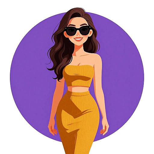 Digital illustration of a confident woman with long dark hair, wearing black sunglasses, a strapless yellow crop top, and matching high-waisted pants,