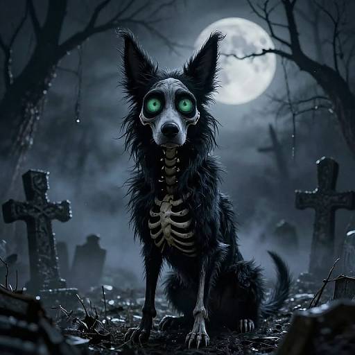 Digital artwork: eerie black dog with glowing green eyes, skeletal rib cage, standing in a moonlit cemetery with crosses and mist.