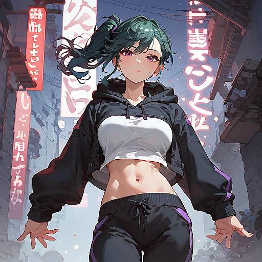 Digital anime-style illustration of a green-haired girl with pink eyes, wearing a black hoodie and black pants, standing in a neon-lit urban alley with
