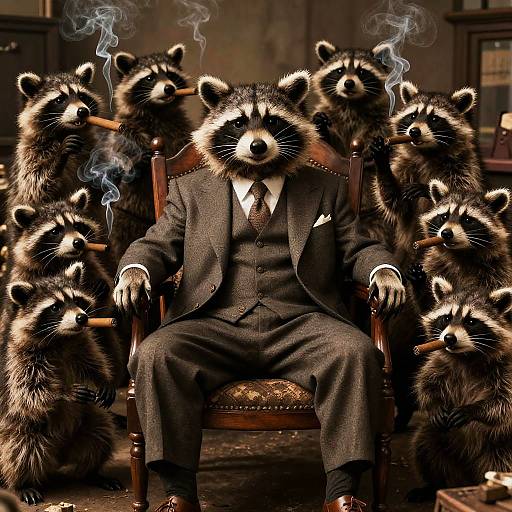 Photograph of a man in a dark suit, wearing a raccoon mask, seated on a wooden chair surrounded by smoking raccoons.