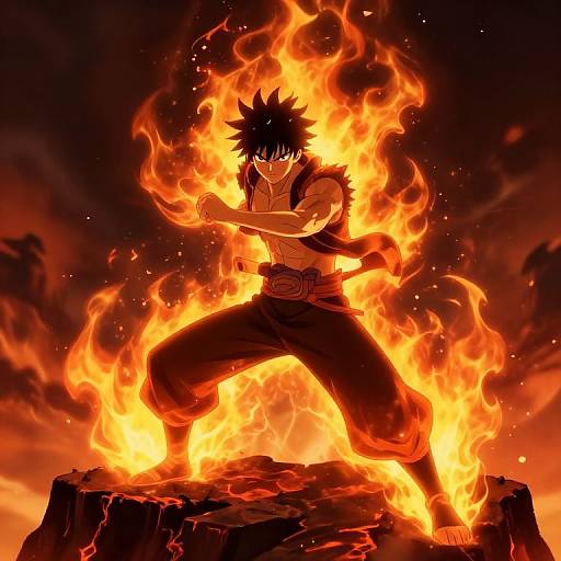 Dynamic anime-style drawing of a fiery-haired, muscular male warrior in black pants and open shirt, standing confidently on a rocky ledge surrounded by intense, orange