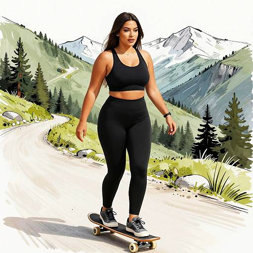 Curvy Woman Skating on Mountain Trail