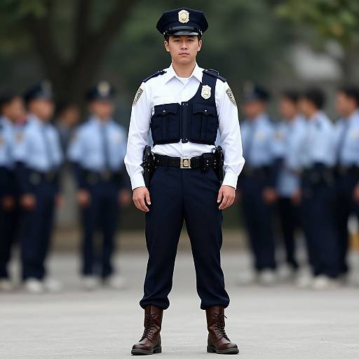 Photograph of a serious male police officer in white shirt, black vest, and pants, standing in front of a blurred group of similarly dressed officers.