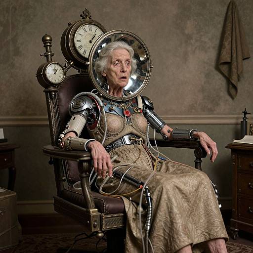Photograph of an elderly woman with white hair, wearing a metallic, steampunk-inspired outfit, seated in a vintage chair with clock faces on her