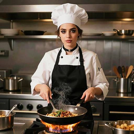 Photograph of a focused female chef with dark hair, wearing a white hat and black apron, cooking in a modern kitchen, stirring food in a