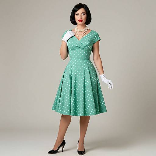 Photograph of a woman with short black hair, red lipstick, wearing a green polka dot dress, white gloves, pearl necklace, and black heels