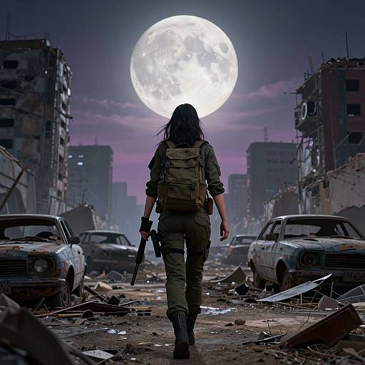 Photograph-style digital art: Woman with long black hair, camo outfit, and backpack walks through a ruined city at night, holding a gun,