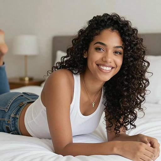 Smiling Woman Relaxing on Bed