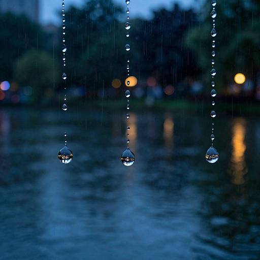 Raindrop Cityscape on Tranquil Pond